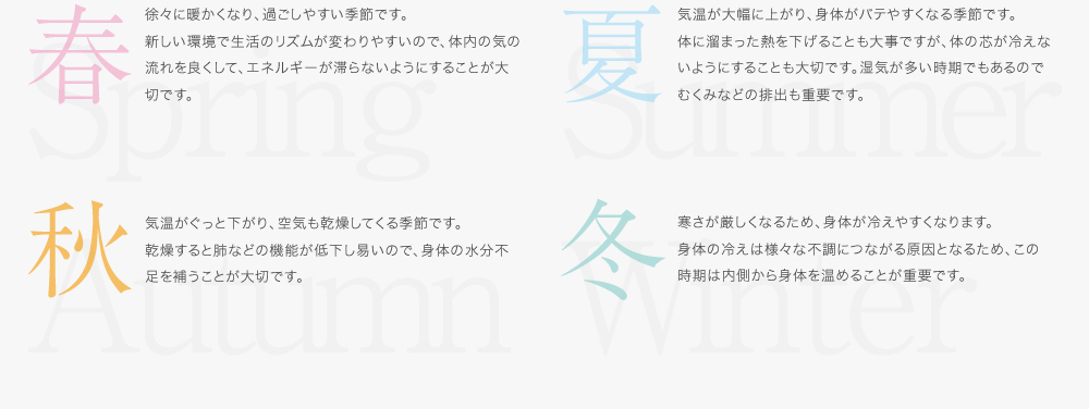 春／徐々に暖かくなり、過ごしやすい季節です。新しい環境で生活のリズムが変わりやすいので、体内の気の流れを良くして、エネルギーが滞らないようにすることが大切です。　夏／気温が大幅に上がり、身体がバテやすくなる季節です。体に溜まった熱を下げることも大事ですが、体の芯が冷えないようにすることも大切です。湿気が多い時期でもあるのでむくみなどの排出も重要です。秋／気温がぐっと下がり、空気も乾燥してくる季節です。乾燥すると肺などの機能が低下し易いので、身体の水分不足を補うことが大切です。　冬／寒さが厳しくなるため、身体が冷えやすくなります。身体の冷えは様々な不調につながる原因となるため、この時期は内側から身体を温めることが重要です。